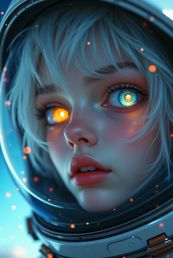(Close-up of a better masterpiece:1.5)0.9], (Space and astronauts:1.2) (Messy silver hair:1.1) (Heterochromia xanthochromia and blue eyes:1.2) (Space Helmet:1.0) (Colored stars in the eyes:1.0) (A radiant glow:1.1) (thick lips:0.9)