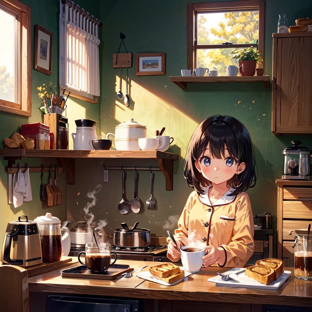 {{{Masterpiece, highest quality, high-resolution background}}}, bright and beautiful atmosphere, 1 girl (7 , round face, baby facebreasts, on the kitchen table, toasted bread flies from the toaster "deltamon_sdXL :0.73) >Deltamon" A surprised girl in her pajamas, a coffee cup falling over and spilling coffee from inside.