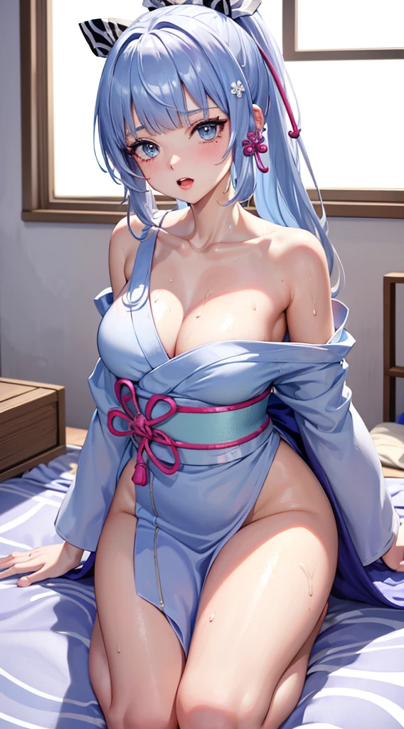 Character Details:, - Gender: 1 Girl. - Style: Anime, - Body Type: Attractive body, slim body, nice legs, slim tights, nice arms, nice shoulders. - Breast: (Small Breast:1.2), (Cleavage:1.1), (Nipple:1.1), (Pink Nipple:1.1), (Milk), (White Goo:1.1), (White Sticky Goo Over Body:1.1), (White Goo over Face:1.1), (Sticky Liquid on Breast:1.4),. - Facial Feature: Beautiful, Gorgeous, Teenager, Fresh, Young. - Expression: Shy, Pink Blush on Face, open mouth, Pink Tongue, Sexy Eyes, Sexy Look, (Sweating:1.4), Innocent Look, Tipsy. - Hairstyle: Blunt Bangs, Long Hair. - Hair Color: (Light Blue Hair:1.5), (Messy long Hair:1.3), - Clothing: (Yukata:1.6), (Off-Shoulder:1.3),. - Body Pose: (Wide Kneel:1.3),(bend over:1.4), (sexy pose:1.4),. - Behaviour: Waiting, Want Something, Secretly. - Accessories: Earrings, No Hair Accessories, Environmental Details:, - Setting: Bed Room., - Lighting: Natural Light., - Decoration: Modern Bed, Chair, Window, White Curtain, City View. Top view. pov, anime style, UHD, retina, masterpiece, accurate, anatomically correct, textured skin.