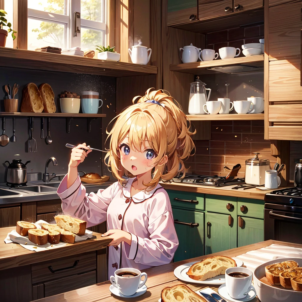 {{{Masterpiece, highest quality, high-resolution background}}}, bright and beautiful atmosphere, 1 girl (7 , round face, baby facebreasts, on the kitchen table, toasted bread flies from the toaster "deltamon_sdXL :0.73) >Deltamon" A surprised girl in her pajamas, a coffee cup falling over and spilling coffee from inside.