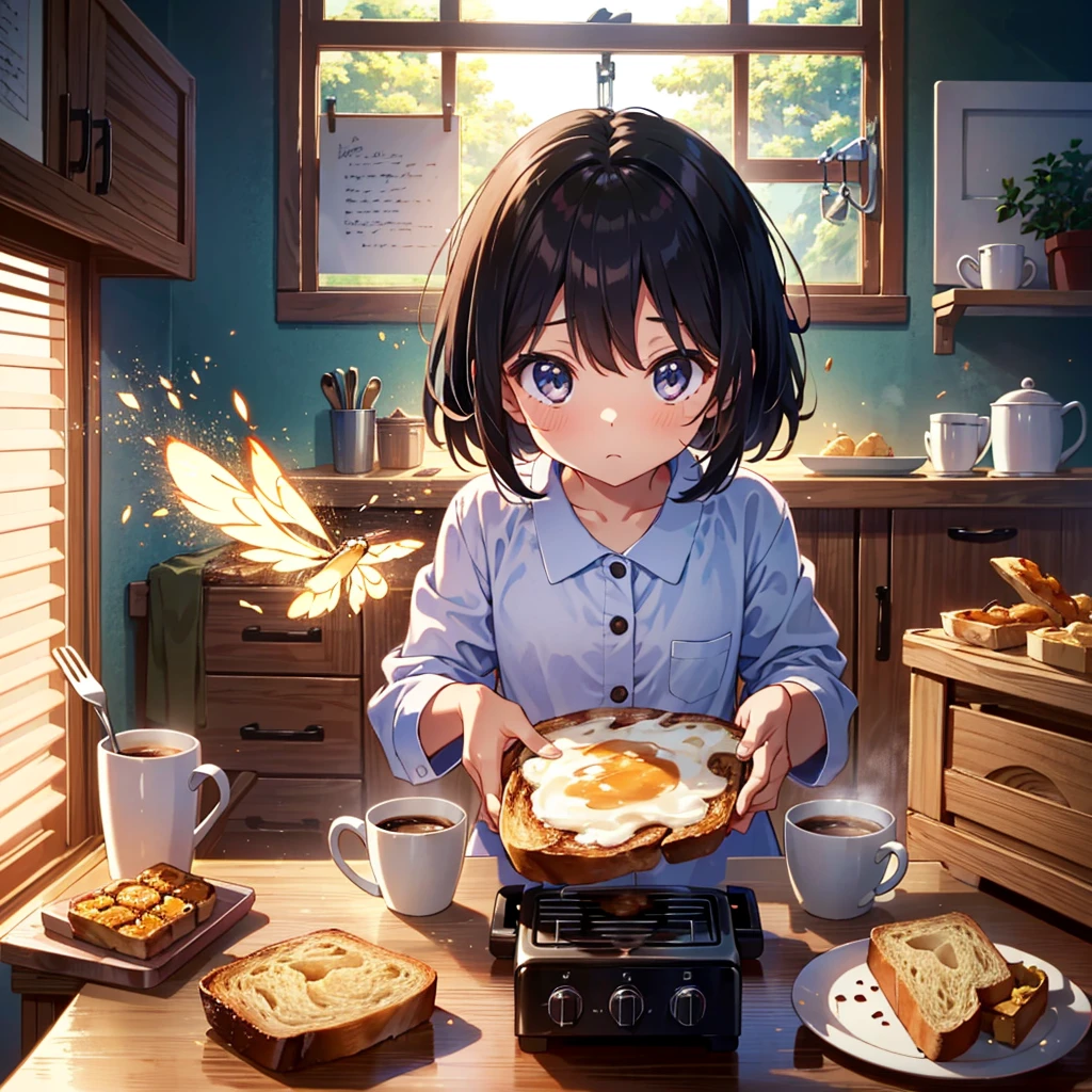 {{{Masterpiece, highest quality, high-resolution background}}}, bright and beautiful atmosphere, 1 girl (7 years old, round face, baby face), small breasts, on the kitchen table, toasted bread flies from the toaster "deltamon_sdXL :0.73) >Deltamon" A surprised girl in her pajamas, a coffee cup falling over and spilling coffee from inside.