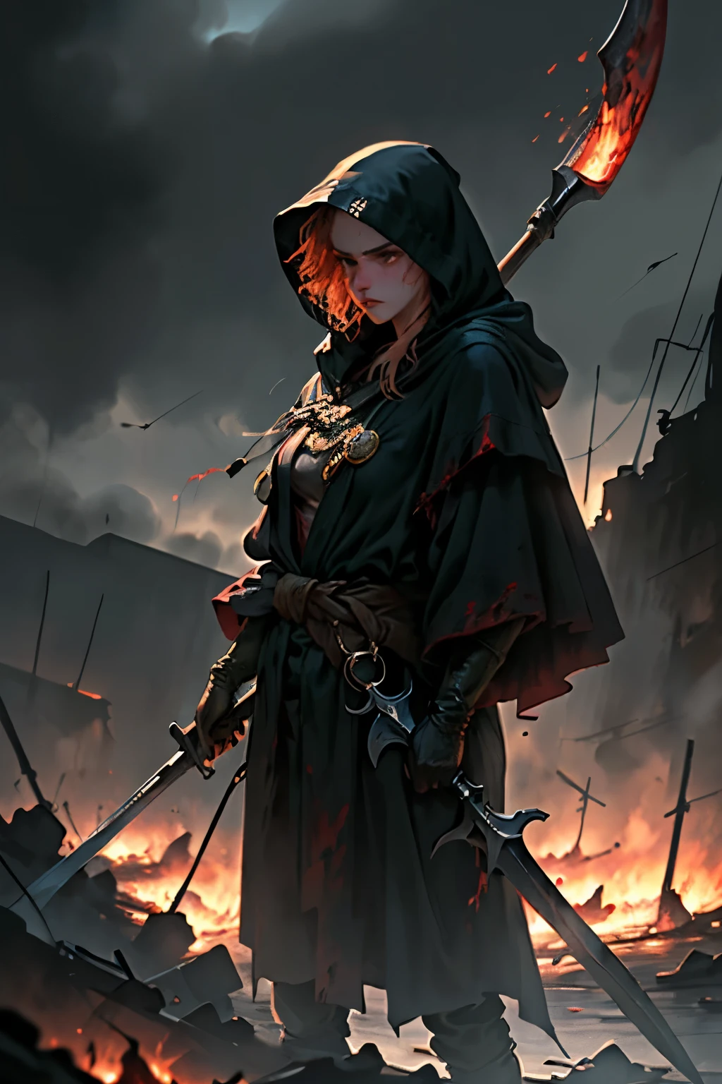 Triss from The Witcher, dressed in a dark robe with a hood with blood, in his hands is a scythe with a red flame, against the backdrop of a gloomy military landscape, In the background, soldiers are evacuating the wounded, an atmosphere of sadness and hopelessness, deep shadows, cool colors, a high resolution, detailed composition,