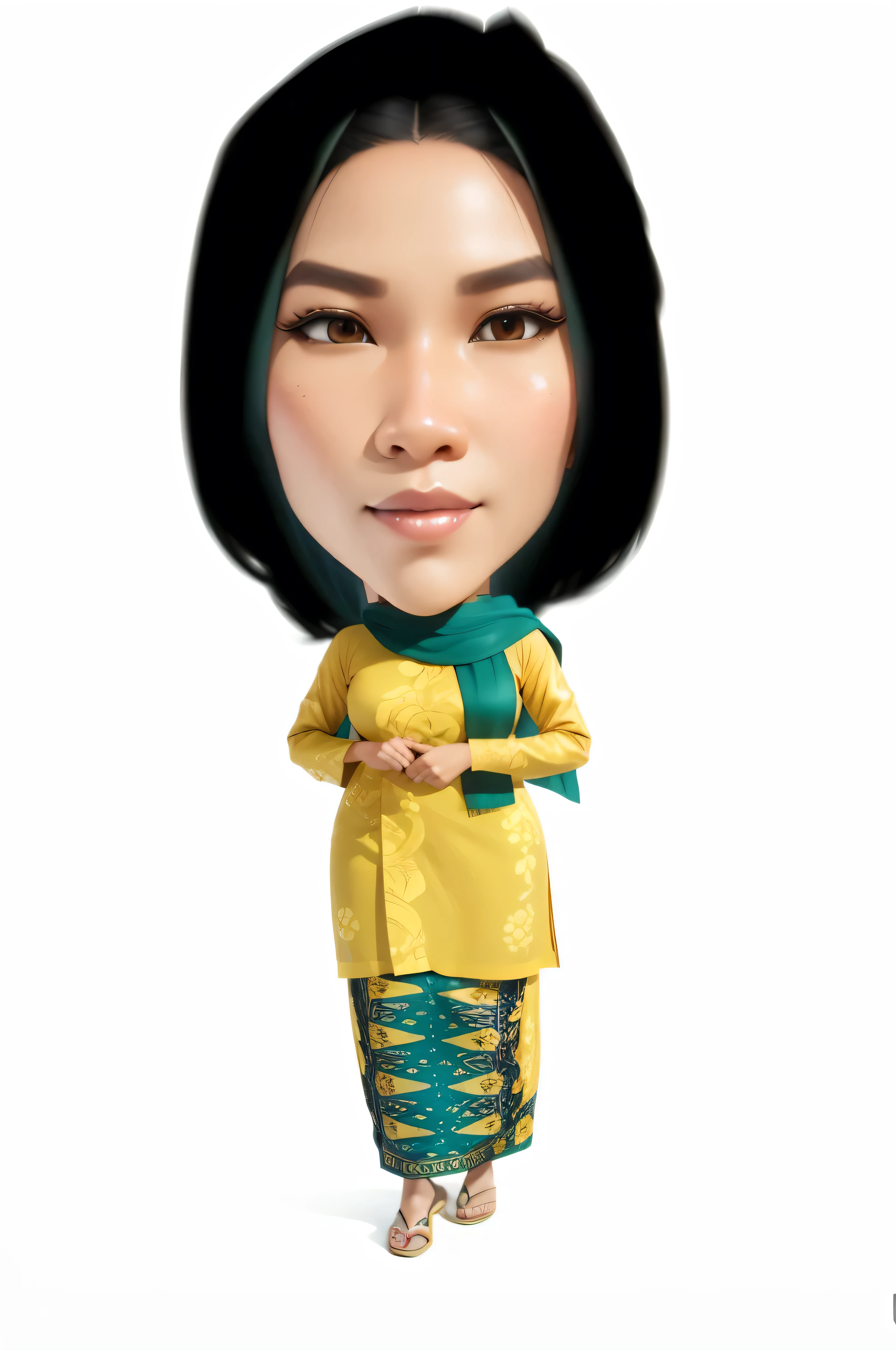 A woman, wearing yellow Javanese traditional clothes, and batik bottoms, Indonesian traditional clothes, Beautiful long hair, batik, 3d cartoon, detail, render, unreal engine,