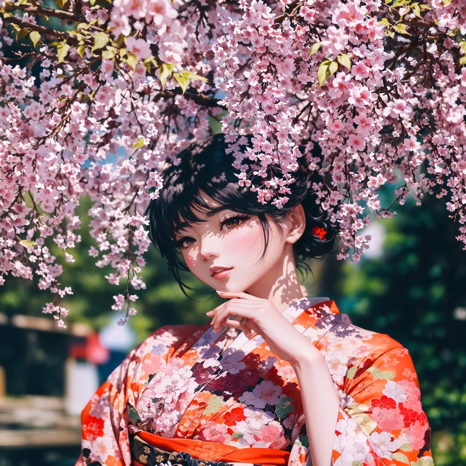 a woman in a kimono is posing under a tree with pink flowers, anime style mixed with fujifilm, japanese art style, japanese kimono, 🌺 cgsociety, japaneese style, artwork in the style of guweiz, in kimono, kimono, sakura season, guweiz, japanese woman, 中 元 节, under sakura tree, japanese style