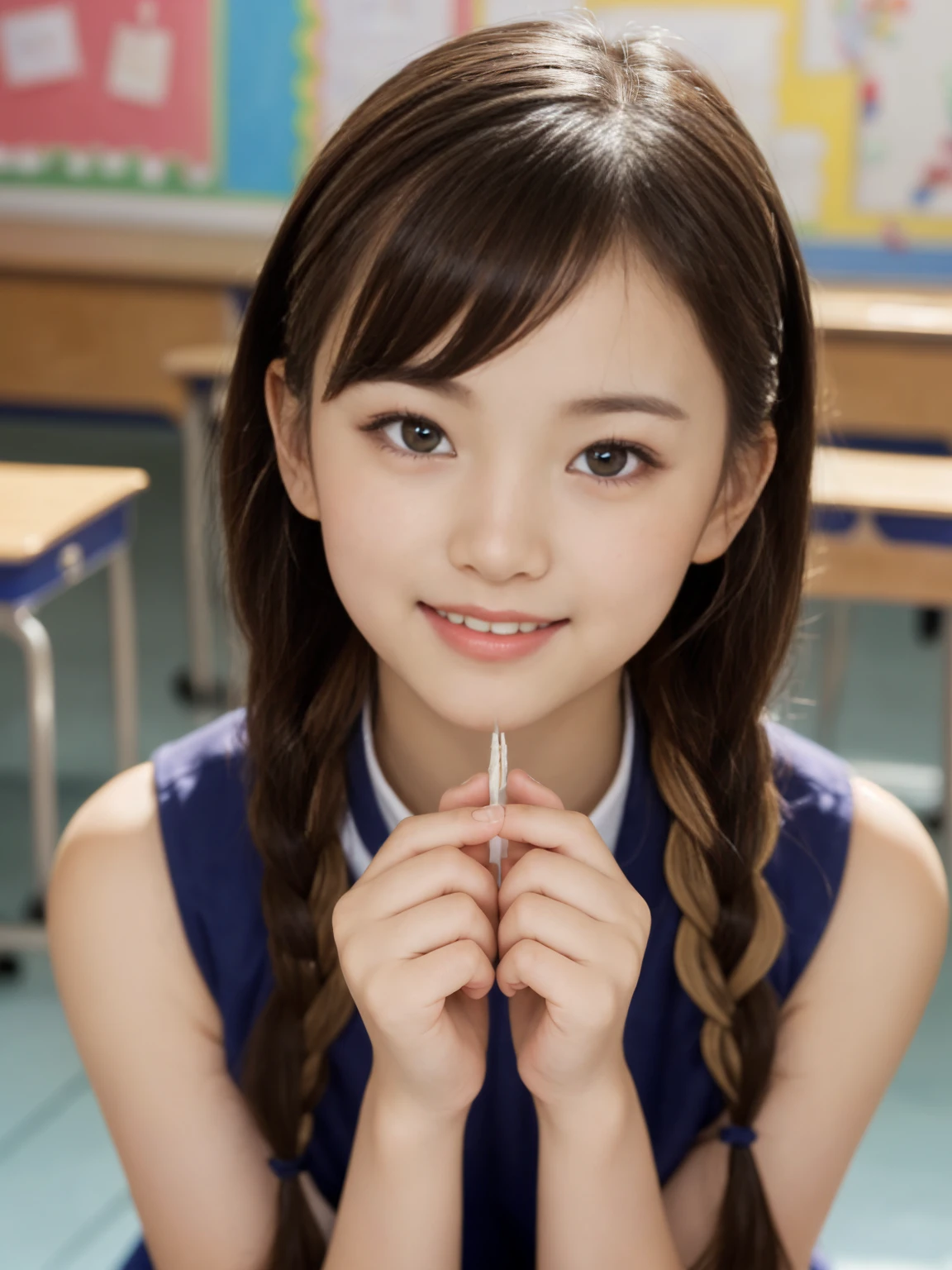 masterpiece, Highest quality, figure, Very detailed, The finer details, High resolution, 8k,wallpaper, Perfect dynamic composition,(Detailed high quality:1.3)、Seraphim, (The background is an empty gymnasium), Deep in the field, Black hair color, Big Natural Color Lip, (Perfect figure), (smile)、Harajuku Style, Adorable expression、Expressions of happiness、Amazingly cute、Cute type、Beautiful feet, Idol Sculpture、Braid、Glasses、、(Young face:1.5)、(3 elementary school students:1.5)、(10 years old:1.5)、(Short:1.5)