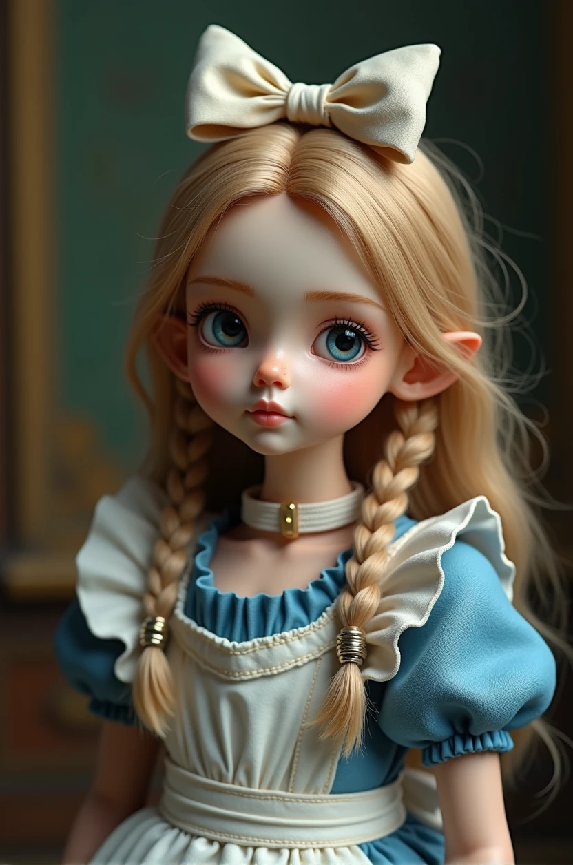 1 Girl, masterpiece, best quality, 8K, Delicate skin texture, Detailed fabric texture, Beautiful and delicate face, Intricate details, Extremely detailed, Alice in Wonderland, (The bow on her head:1.1), Upper Body