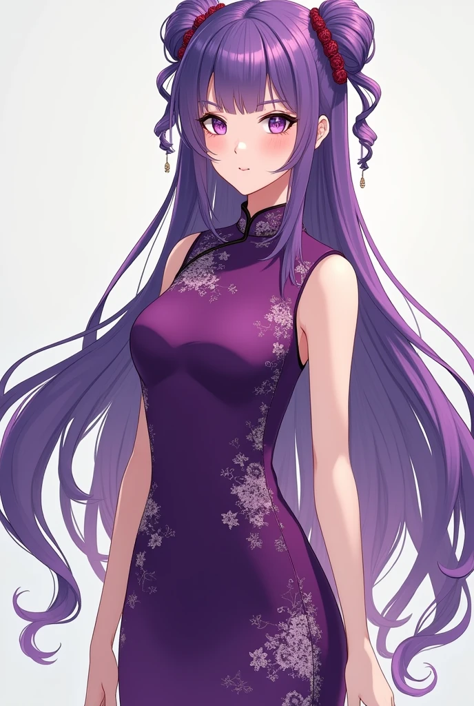 Purple hair adult woman purple cheongsam twin buns full body front anime