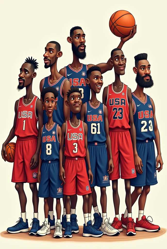 A very funny caricature of USA basketball of Bam Adebayo and Anthony Davis and Anthony Edwards and Devin Booker and Joel Embiid and Stephen Curry and Tyrese Haliburton and Jayson Tatum and Kevin Durant and Kawhi Leonard and Jrue Holiday and LeBron James and Jaylen Brown and Paolo Banchero and Aaron Gordon and Jarrett Allen and Paul George and Scottie Barnes and De'Aaron Fox and Desmond Bane and Isaiah Evans and Sydney Johnson