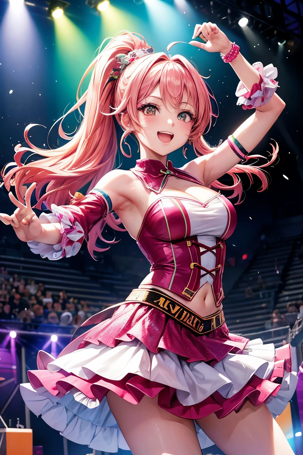 Create a vibrant and energetic image of a female idol group performing on stage. The members should be dressed in colorful, stylish outfits that reflect their unique personalities. The background should feature bright lights, cheering fans, and a lively atmosphere, capturing the essence of a pop concert.