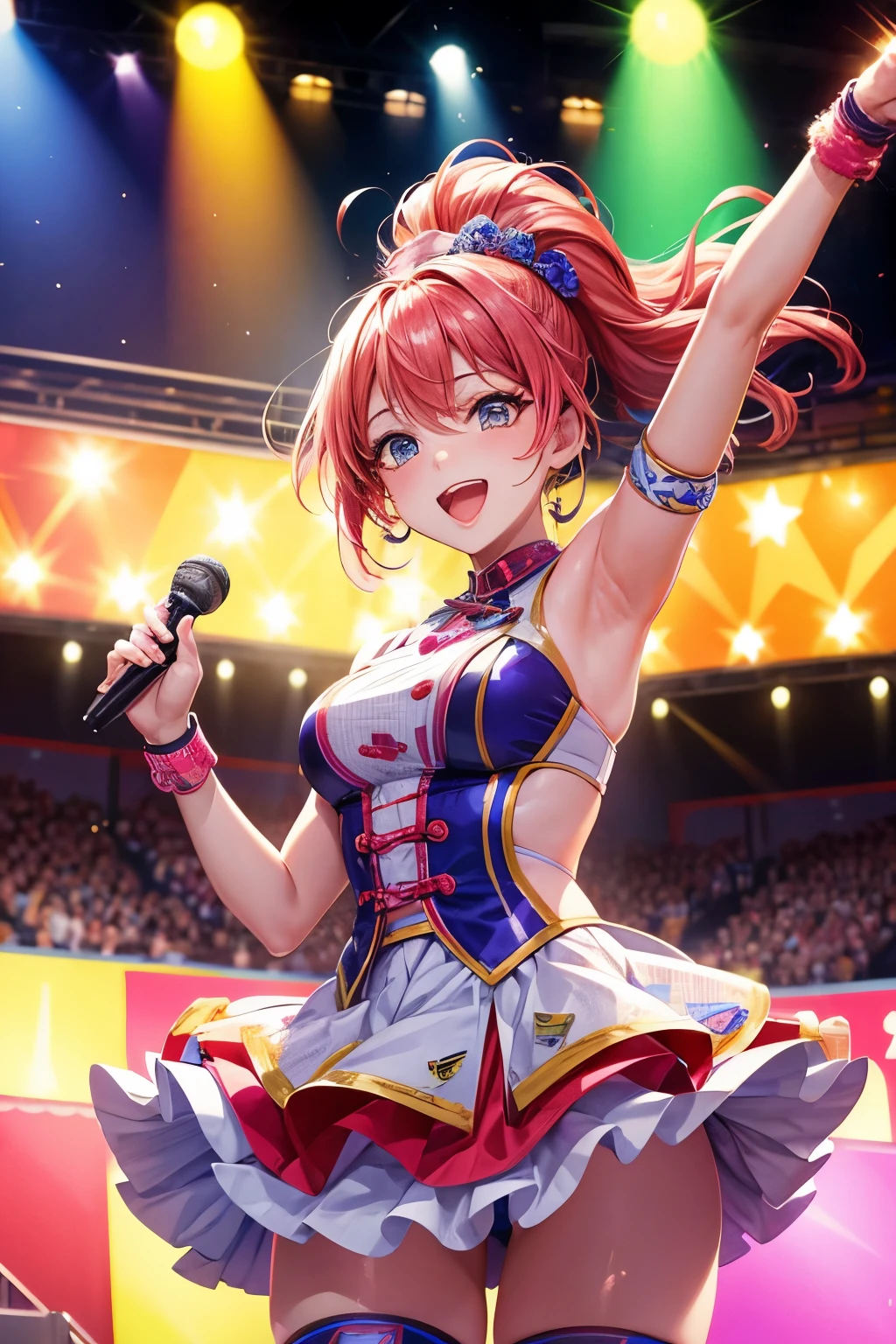 Create a vibrant and energetic image of a female idol group performing on stage. The members should be dressed in colorful, stylish outfits that reflect their unique personalities. The background should feature bright lights, cheering fans, and a lively atmosphere, capturing the essence of a pop concert.