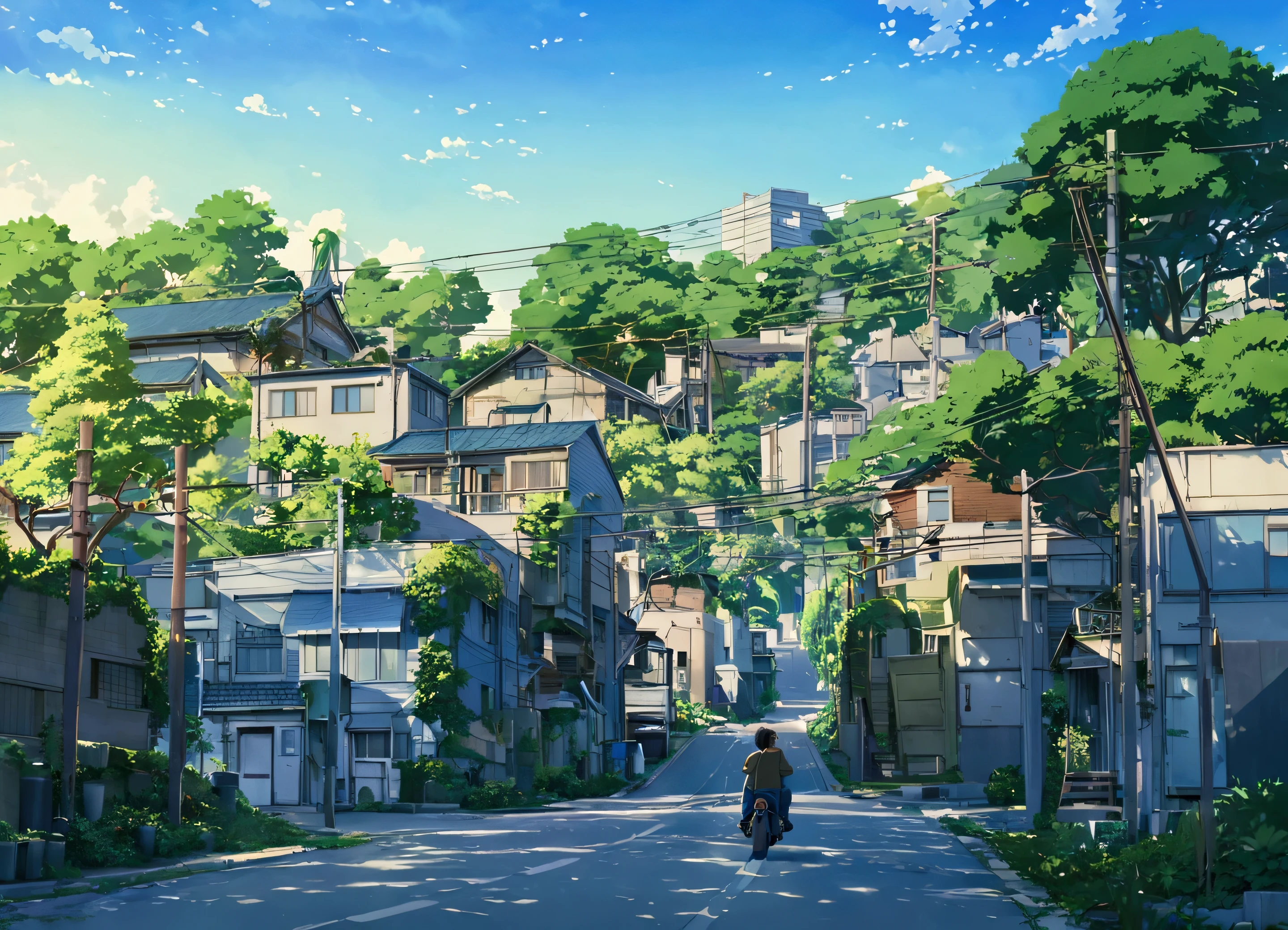 anime scene of a man riding a motorcycle down a street, overgrowth. by makoto shinkai, anime. by makoto shinkai, by Makoto Shinkai, by makoto shinkai, octane render. by makoto shinkai, gloomy. by makoto shinkai, style of makoto shinkai, beautiful anime scene