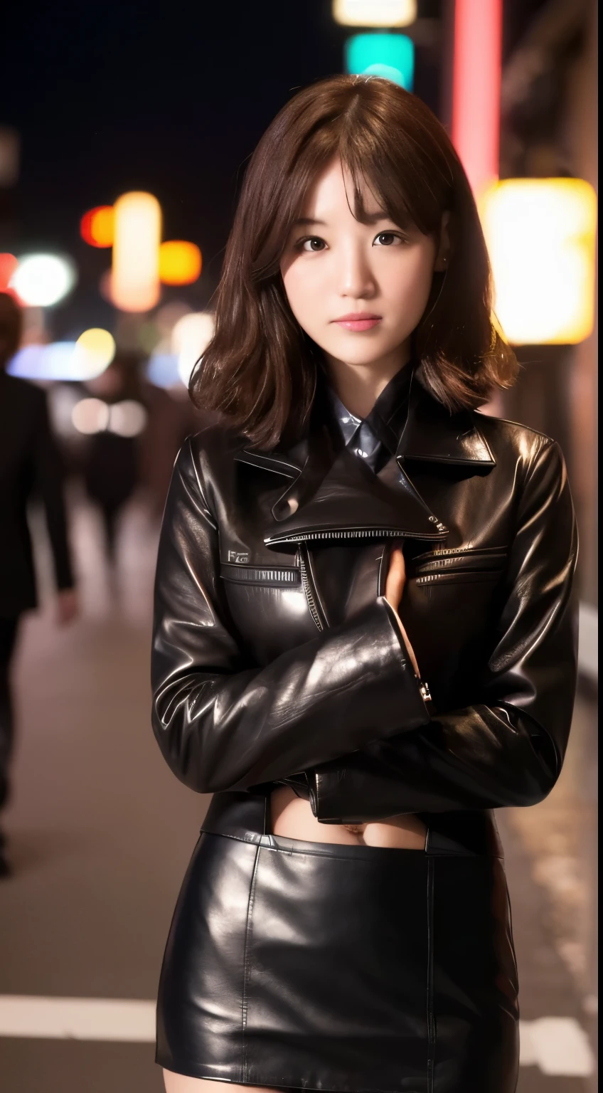 (((Yumikanoku))),((Highest quality, 8k, masterpiece :1.3)), One Girl, smile, whole body, Slim face, Beautiful woman, (Dark brown hair), ((Leather black suit,Black short tight skirt)), Highly detailed face, Detailed eyes, double eyelid, Bokeh Background, Slim face, City of night, Neon Light,outside, Tokyo Street,Japan