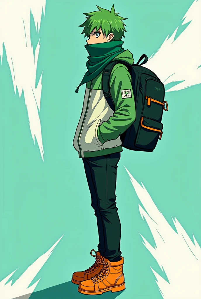 An anime male character stands with his back to the viewer, with a green and white jacket, black pants and orange shoes. He has green hair and a green scarf wrapped around his neck and face, covering his mouth and nose. He's wearing a backpack and has a serious expression. The background is a teal and white stylized pattern, creating a dynamic visual.
