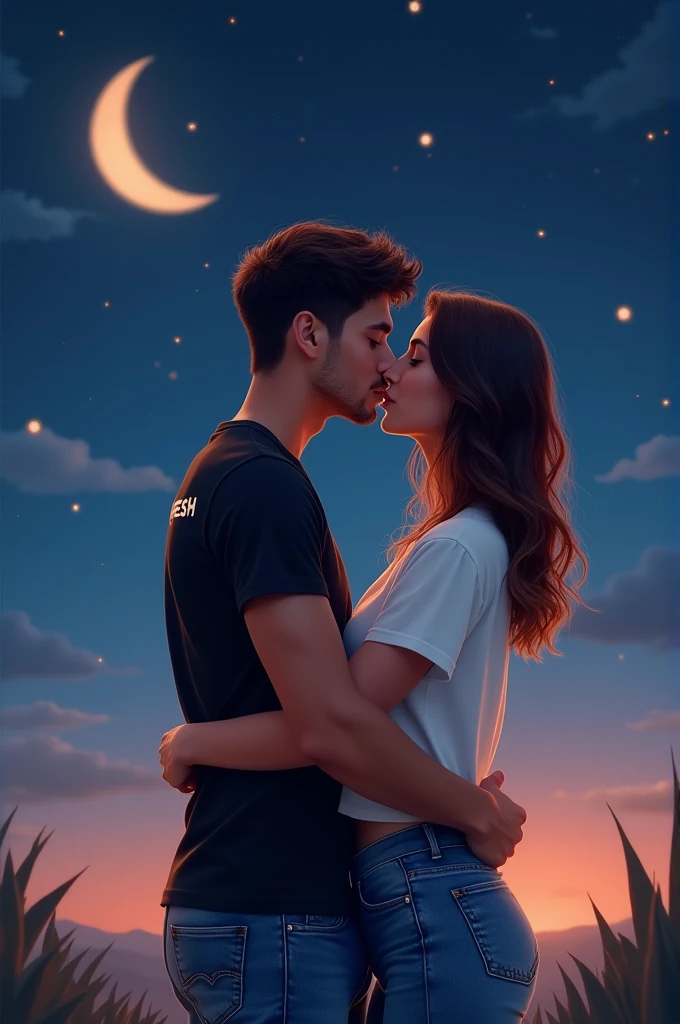 create a real image where a 23-year-old boy wearing black t-shirt and jeans with name RUPESH written on it and a 23-year-old hot girl wearing white tshirt and jeans withnamelovelywrittenonit. background moon stars etc . both looking so cute. both french kiss each other . boy hug girl