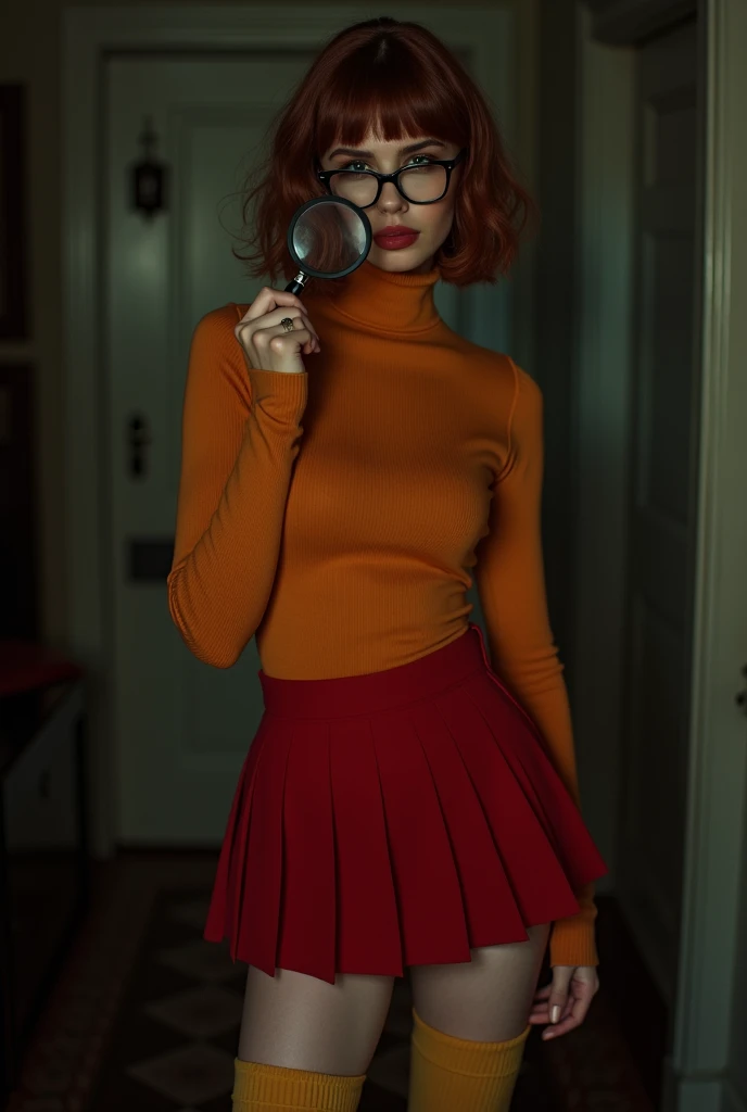 (((Dark lighting), shadows, (((she is not wearing panties))), masterpiece, best quality, ultra-detailed, ultra-HD, photorealistic, cinematic, close-up camera shot, sensual pose, alluring and ultra hot gorgeous European woman. 23 years old. Instagram model. Fit body.as Velma Dinkley:1.4, perfect anatomy, perfect face, proportioned hands, deep shade of auburn with a slight natural wave hair color, chin-length bob with blunt bangs hairstyle:1.3, retro-chic style outfit, knee-length and orange turtleneck, short pleaded red mini skirt, thick-framed black square glasses, wears knee-high mustard-yellow socks, sensible lace-up shoes, she has a small magnifying glass, in a haunted house, creepy house, creepy mansion