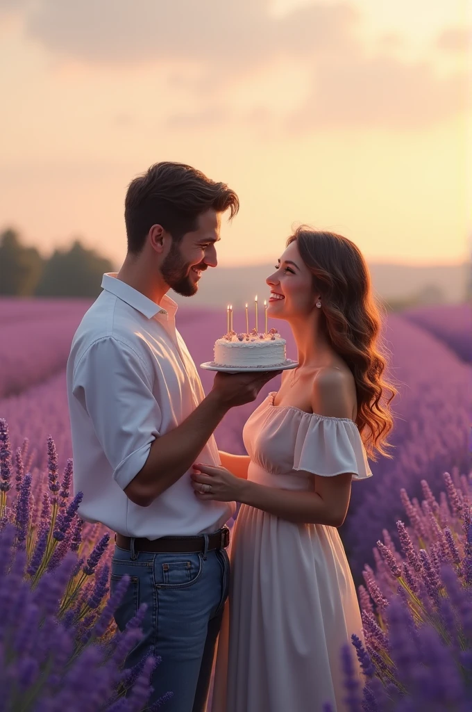 Realistic and beautiful image of a husband and wife standing together in a lavender field. In the man's hand is a birthday cake and the woman reaches out to receive the birthday cake from the man's hand.