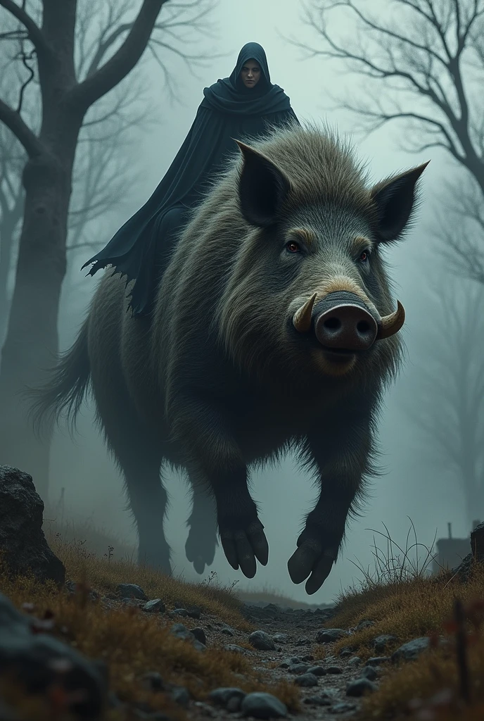 Giant Boar Running Dark Man Riding