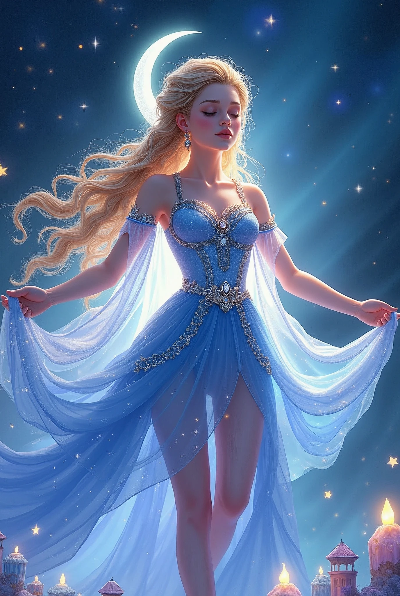 magical girl, very long hair, braids, starry night-themed dress, dress falling off, dress open, revealing dress, glowing constellations on fabric, silver and gold accents, flowing gown, gown open, crescent moon brooch, cosmic patterns, iridescent layers, luminescent halo, glittering stardust around her, transparent veil with twinkling stars, orb-like earrings, celestial symbols embroidered, glistening blue and purple hues, ethereal light radiating from her dress, floating celestial crystals, orb of light in hand, soft, radiant glow around her, BREAK, ethereal glow, vibrant colors, mystical aura, sparkling particles, detailed background, fantasy setting, celestial elements, soft lighting, whimsical environment, dynamic pose, light reflections, light particles, g0thicPXL, glowing, neon, galaxy aesthetic, cosmic nebulae, shooting stars, aurora borealis, galaxy backdrop, twinkling star clusters. space background, retina, accurate, masterpiece, super detail, high details, best quality, award winning, highres, HD, 4K, 8k, 16k, retina, accurate, masterpiece, anatomically correct, textured skin, super detail, high quality, award winning, highres, 8k, 16k