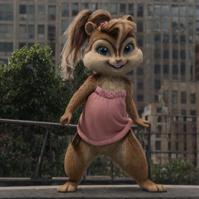Brittany_Miller, solo, chipmunk, furry, cub, (slightly chubby:0.5), cute, (small ears), (short snout), pigtails, wearing pink dress, looking at viewer, city, masterpiece, detailed background, Digitigrade, Detailed fur, perfect teeth, No pantis, subtile smile,