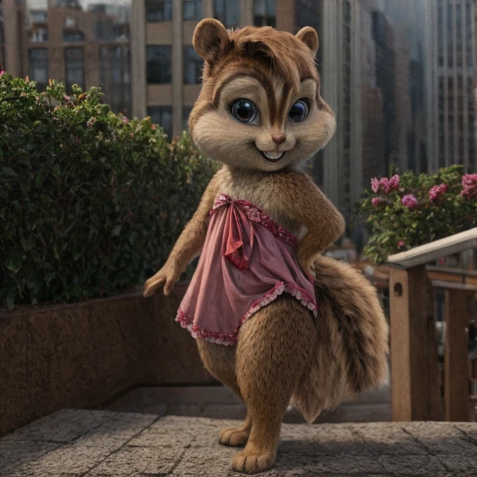 Brittany_Miller, solo, chipmunk, furry, cub, (slightly chubby:0.5), cute, (small ears), (short snout), pigtails, wearing pink dress, looking at viewer, city, masterpiece, detailed background, Digitigrade, Detailed fur, perfect teeth, No pantis, subtile smile,