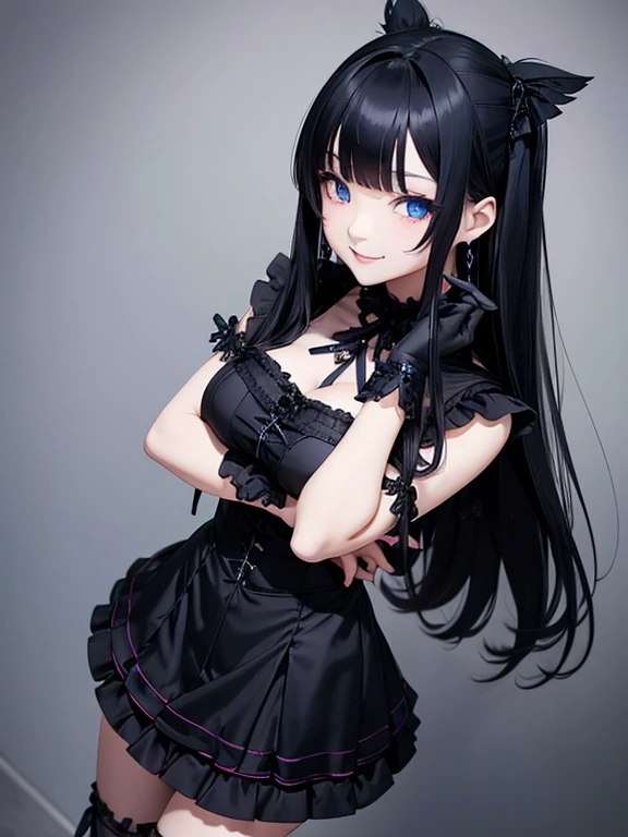 Asian girl, Long Black hair with bangs With large blue colour eyes frilly micro miniskirt, heavy Goth makeup, Smile at the camera Gothic