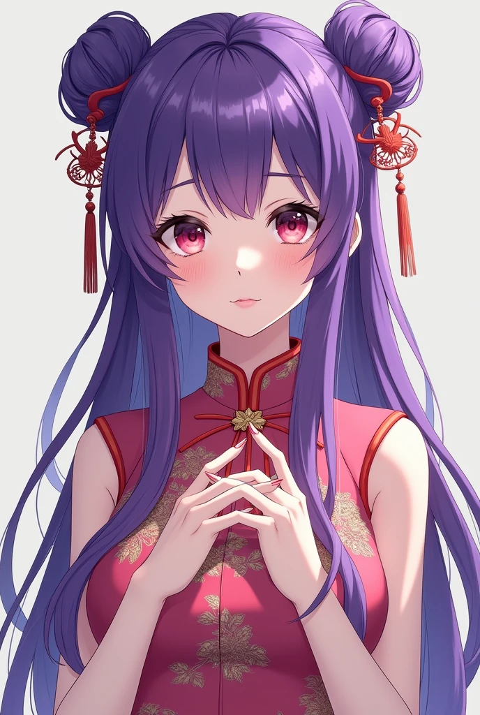 Purple hair adult woman purple cheongsam twin buns full body front anime