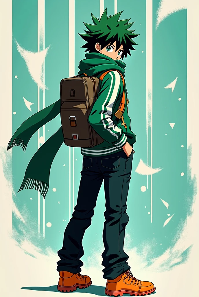Izuku Midoriya stands with his back to the viewer, with a green and white jacket, black pants and orange shoes. He has green hair and a green scarf wrapped around his neck and face, covering his mouth and nose. He's wearing a backpack and has a serious expression. The background is a teal and white stylized pattern, creating a dynamic visual.