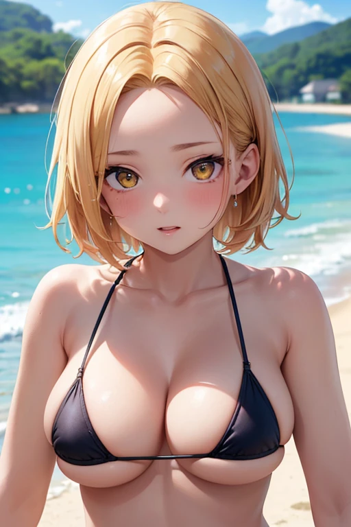 One Woman, Highest quality, masterpiece, Super Resolution, Large Breasts, Idol, Beauty, ((From the front 1.2)), Cleavage, 8k, High resolution eyes, High-resolution contours, ((Forehead visible 1.3)), Stylish, High-resolution pupils, blush,  High resolution face, High resolution breasts, Ultra HD, Open your mouth, Upper Body, High resolution mouth, Sexy body, ((Super cool face 1.5)), ((Hanging 1.6)), short hair, Broken bangs, Blonde, Yellow Eyes, model, Mature Woman, Adult women, Beautiful clavicle, High resolution hair, Mother, maternal, Micro Bikini, Underboob, Sideboob, Beach,  Married Woman, couple, super beautiful, 