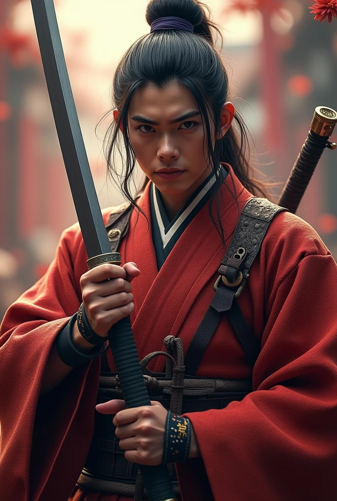 (Highest quality、 8k 、masterpiece、High resolution)、Japanese Samurai、1. Man、A young Edo period swordsman、Musashi Miyamoto、Dual-wielding master、Holding the hilt of a sword、(The blade is about 80cm long.、The stem is short, about 30 cm.、The sword has a rounded tsuba)、Official Art、Detailed CG、