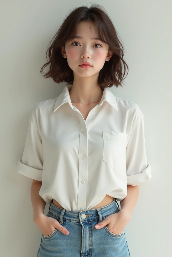 Realistic girl in light blue jeans and white shirts