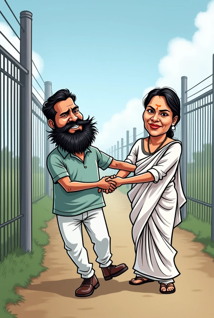 crawl into the boarder fencing ground a bangladeshi man with big beard infiltration indian boarder mamta benergee a woman wearing white saree she is chief minister of bangal share their hand the man and pulling into the Indian boarder funny cartoon character image mamta benergee women without beard provide same image last image good provide same