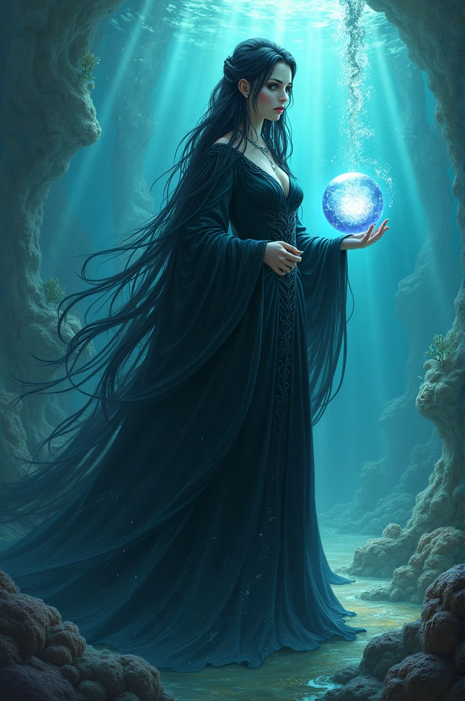 Black long hair,Ursula,Sea Witch,hold a crystal ball in the hand,Foam,seabed