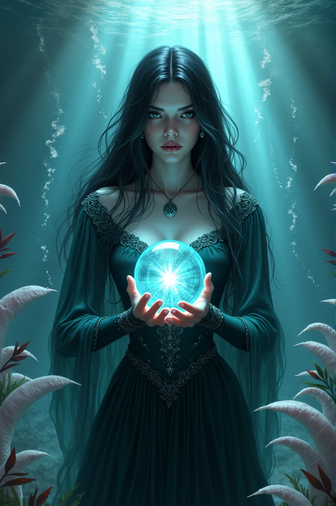 Black long hair,Ursula,Sea Witch,hold a crystal ball in the hand,Foam,seabed