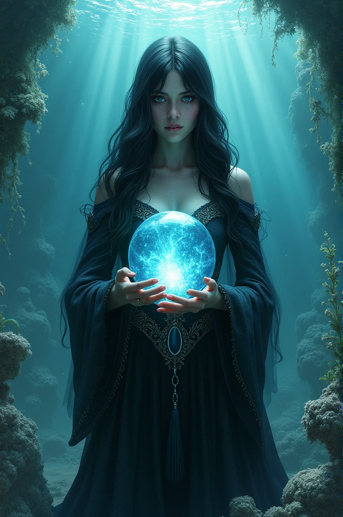 Black long hair，Ursula，Sea Witch，hold a crystal ball in the hand，Foam，seabed