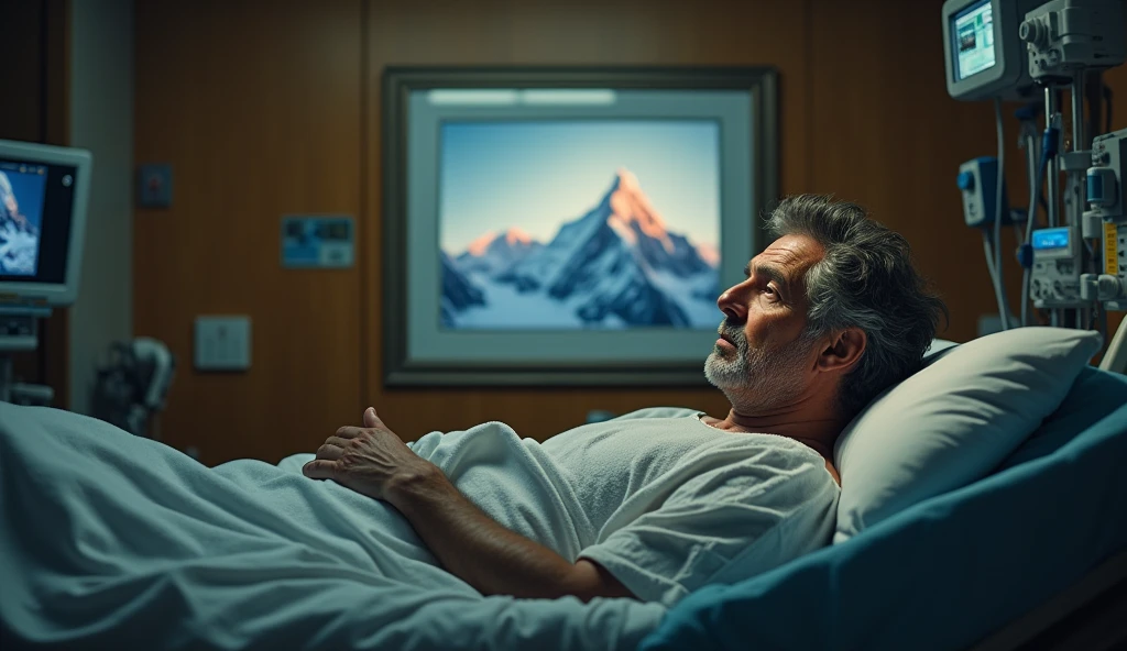 Bear Grylls lies in a hospital bed with a framed image of Mount Everest hanging on the wall in front of him. The one Bear Grylls is watching (with cinematic lights)