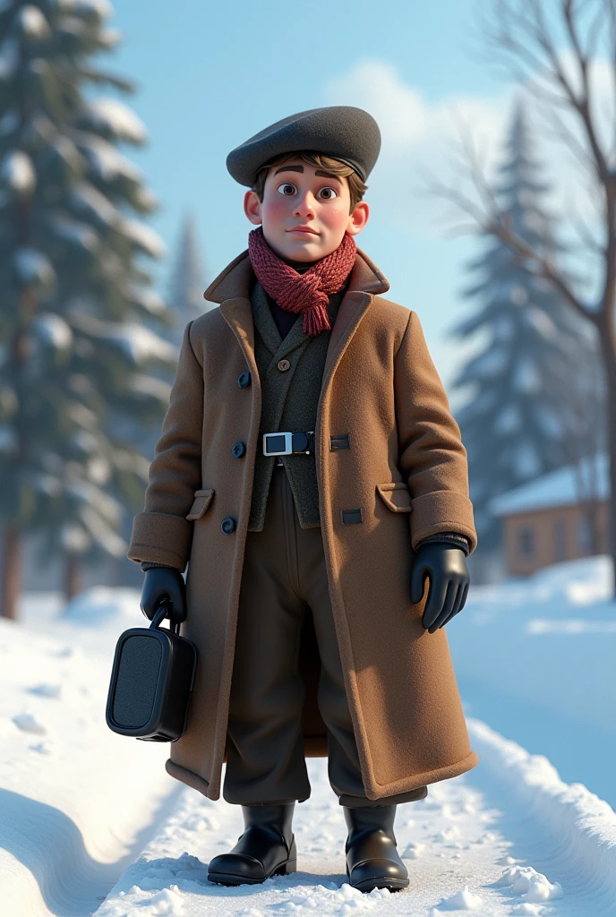 Pixar style, animation, 3d, journalist, 1900s, Russia, snow background, journey, camera, 30s old age, adventure