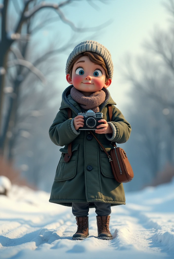 Pixar style, animation, 3d, journalist, 1900s, Russia, snow background, journey, camera, 30s old age, adventure