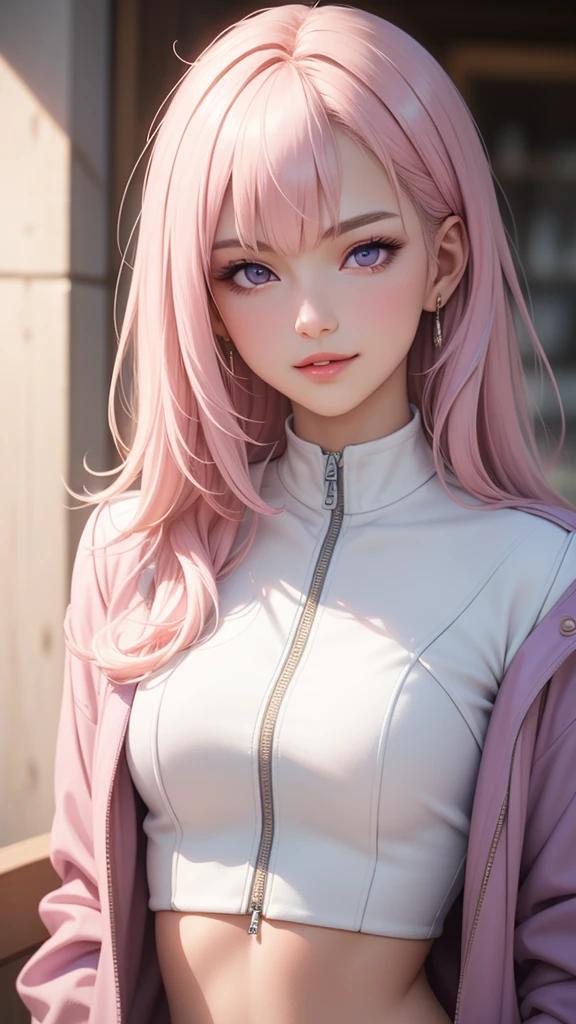 (masterpiece, best quality), intricate details, thin, ((slim)), beautiful girl, Light pink hair, white skin, light purple eyes, sharp jawline, cropped jacket, messy hair, lips, upper body, smirk