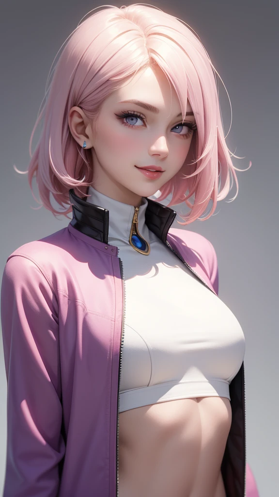 (masterpiece, best quality), intricate details, thin, ((slim)), beautiful girl, Light pink hair, white skin, light purple eyes, sharp jawline, cropped jacket, messy hair, lips, upper body, smirk