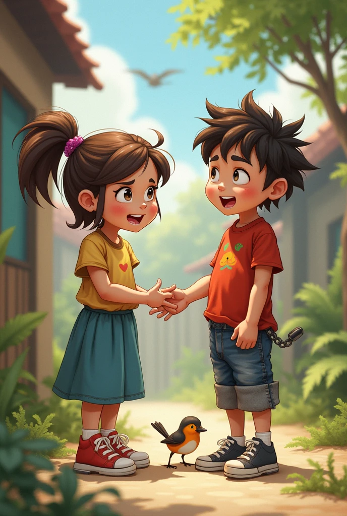 girl pulls down boy's pants to see bird