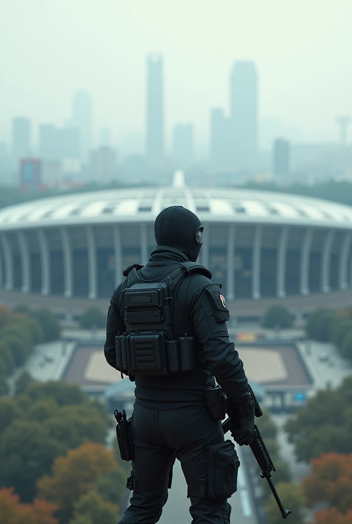 A shooter stands with his back to the Olympic stadium.