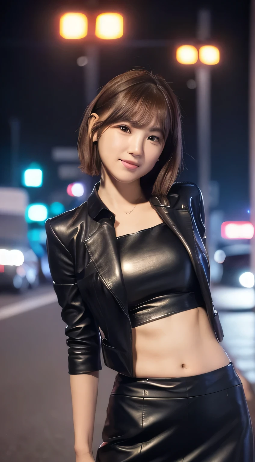 (((Yumikanoku))),((Highest quality, 8k, masterpiece :1.3)), One Girl, smile, whole body, Slim face, Beautiful woman, (Dark brown hair), ((Leather black suit,Black short tight skirt)), Highly detailed face, Detailed eyes, double eyelid,  Bokeh Background, Slim face, City of night, Neon Light,outside, Tokyo Street,Japan