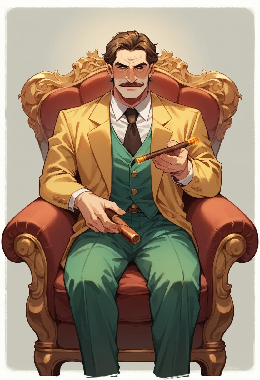 I want marlon brando as a godfather smoking cigar and holding a golden cat while sitting in a golden chair