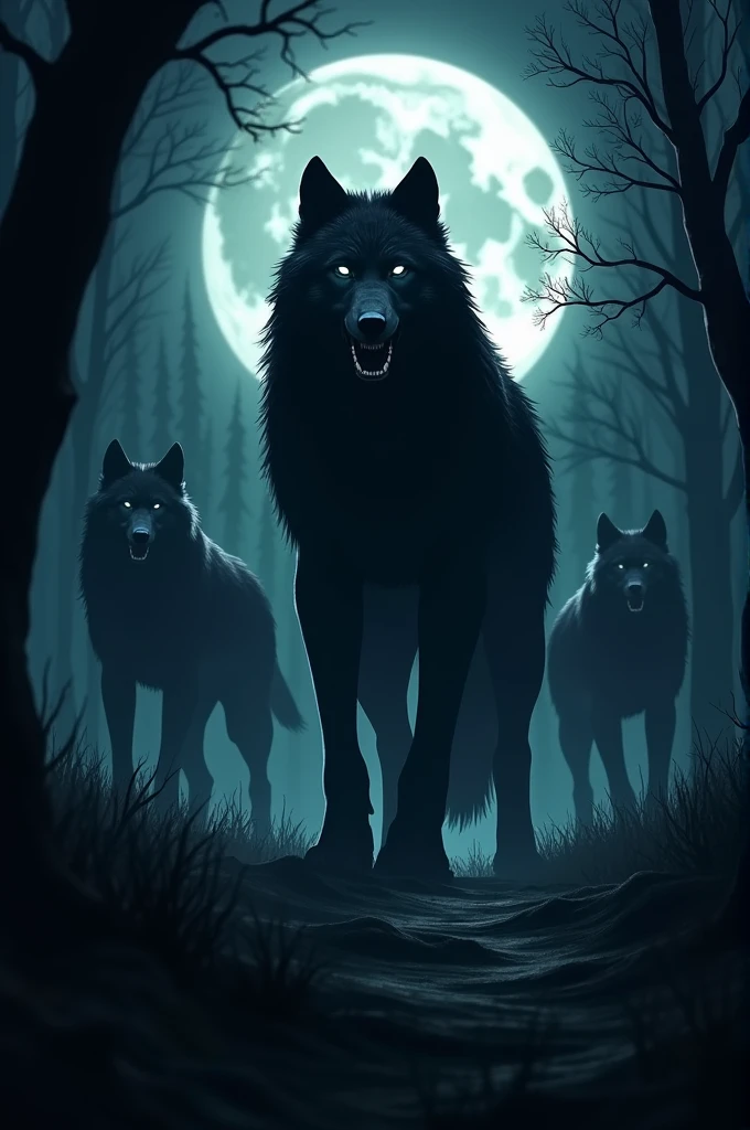 Many shining eyes in the dark, you can see the silhouette of a werewolf. 