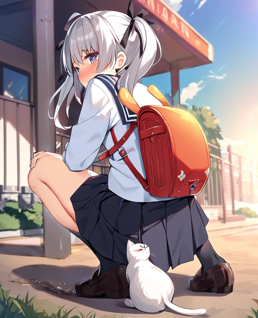 1 girl, solo, long hair, skirt, shirt, long sleeves, bow, ribbon, pigtails, uniform, hair ribbon, white shirt, ahoge, white hair, hair ribbon, grey hair, pleated skirt, outdoors, no underwear, shoes, sailor uniform, daytime, socks, black skirt, sailor collar, bag, clothes pulled up, from behind, black footwear, two side up, black ribbon, pussy visible, female genitalia visible, vagina visible, skirt lifted, squatting, cat, backpack, >_<, loafers, venus crack, turned away, x3, peeing