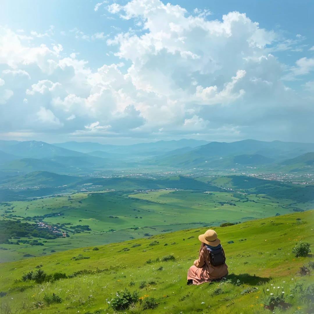 araffe sitting on a hill overlooking a valley and a city, overlooking a valley, sitting cutely on a mountain, panoramic view of girl, dreaming about a faraway place, scenic view, girl walking on mountain, on a green hill, on the top of a hill, looking at the mountains, by Muggur, in mountains, amazing view, on a mountain