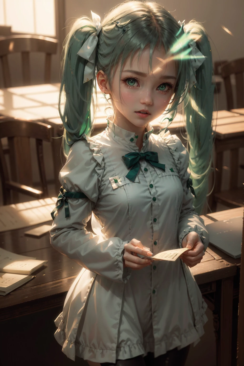 Tabletop, Highest quality, One girl ,White, Research lab, Realistic, High resolution, detailed, Soft Focus、Delicate facial features, detailedな目, Sharp pupils, Depth of written boundary, ボケ Depth of written boundary, Sharp focus、Long twin tails、Green bright light、Morning sunlight、dream