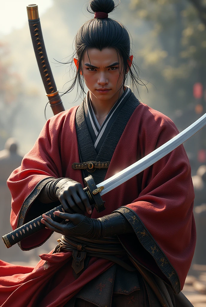 (Highest quality、 8k 、masterpiece、High resolution)、Japanese Samurai、1. Man、A young Edo period swordsman、Musashi Miyamoto、Dual-wielding master、Holding the hilt of a sword、(The blade is about 80cm long.、The stem is short, about 30 cm.、The sword has a rounded tsuba)、Official Art、Detailed CG、