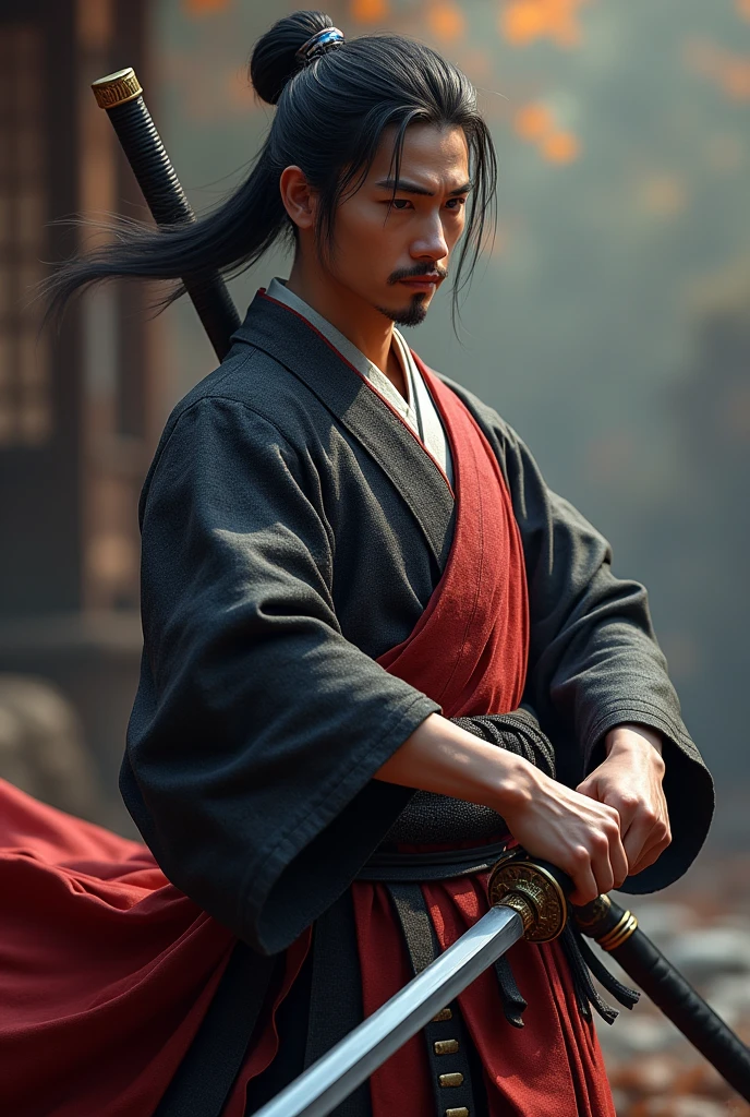 (Highest quality、 8k 、masterpiece、High resolution)、Japanese Samurai、1. Man、A young Edo period swordsman、Musashi Miyamoto、Dual-wielding master、Holding the hilt of a sword、(The blade is about 80cm long.、The stem is short, about 30 cm.、The sword has a rounded tsuba)、Official Art、Detailed CG、