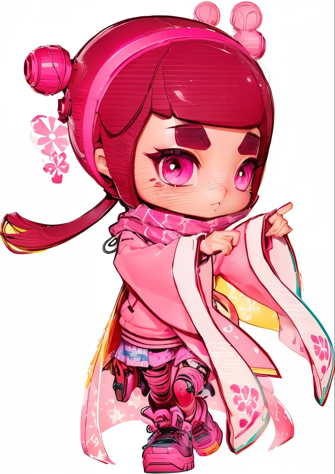 Cartoon girl in pink clothes and pink scarf, Yaoi Haruma, Splatoon style, Game Art!!, Inspired by Hikari Shimoda, Anime style的数字艺术, Digital art from danganronpa, Stylized anime, humanoid pink female squid girl, Anime style, Advanced Digital Chibi Art, official art works, Unknown art style